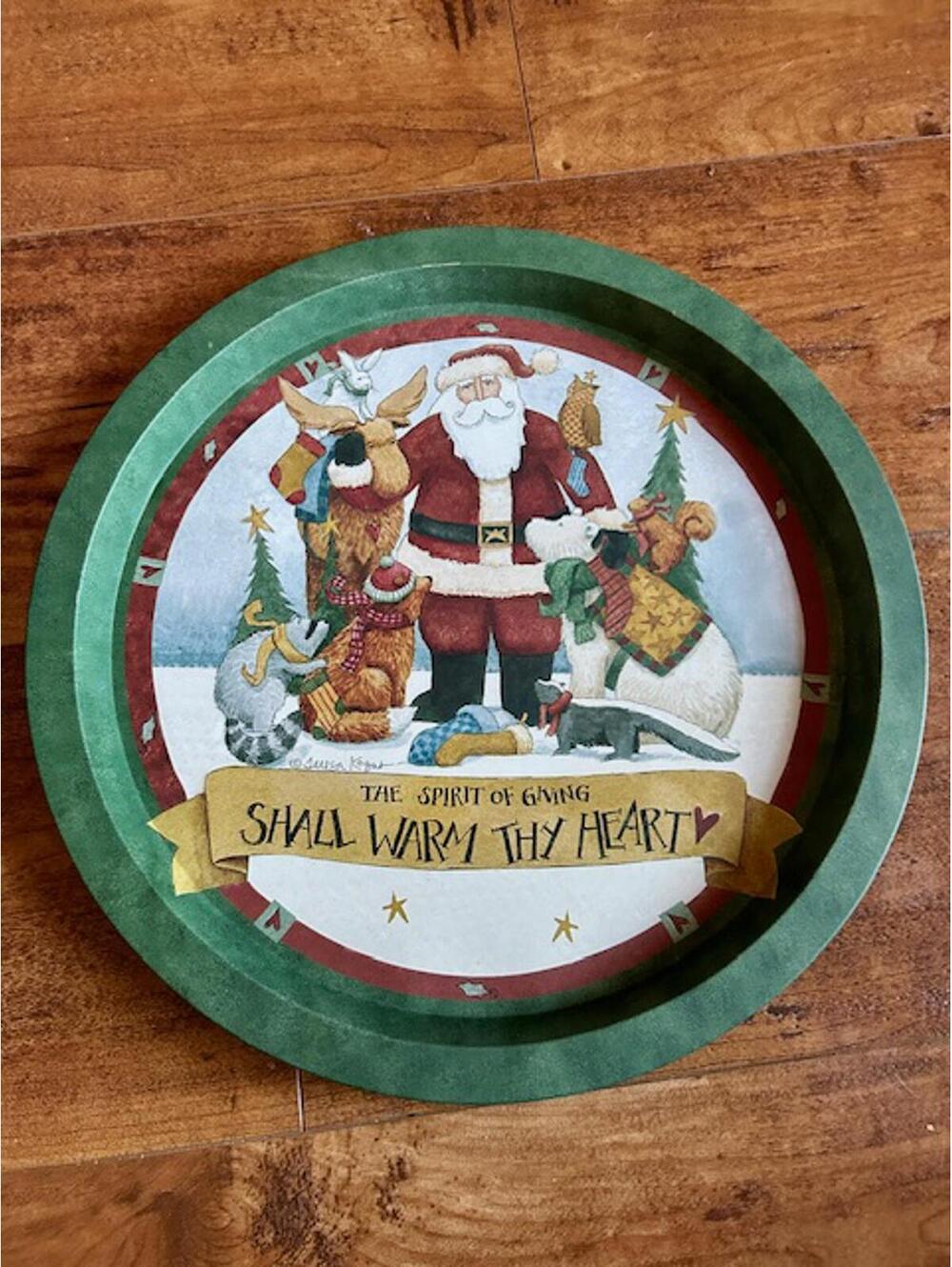 Decorative Christmas Tin Plate with Santa and Animals Design